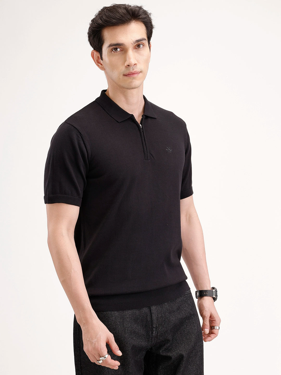 Slim Fit Flat Knit Polo T-Shirt | Black