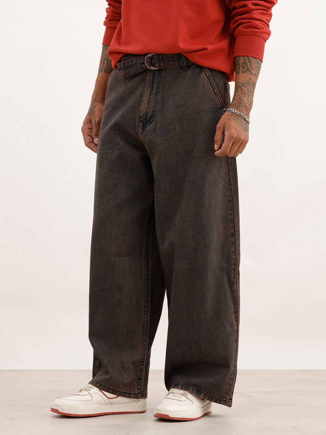 Washed Baggy Fit Denim Jeans | Brown