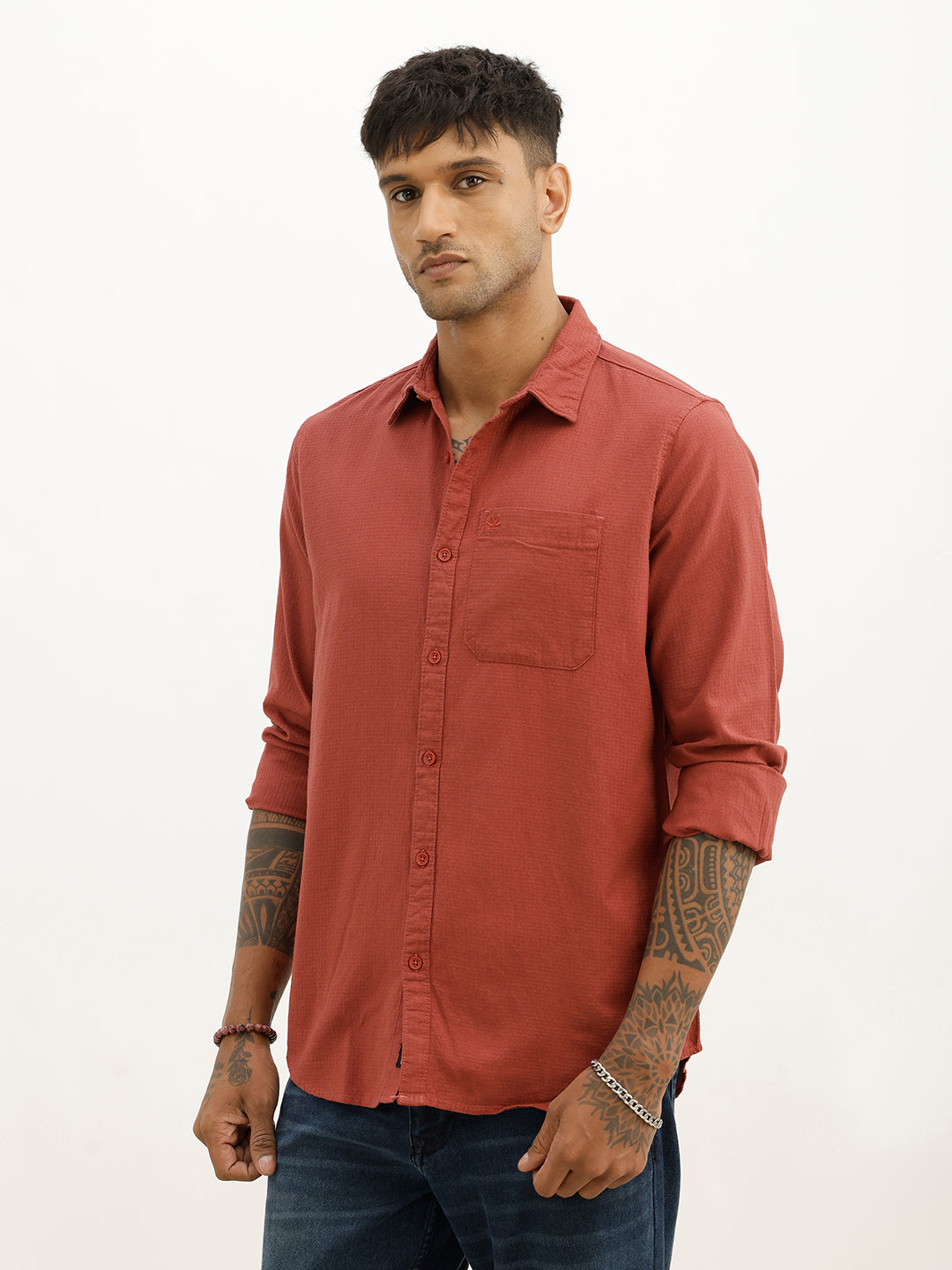 Textured Slim Fit Full Sleeve Shirt | Brown