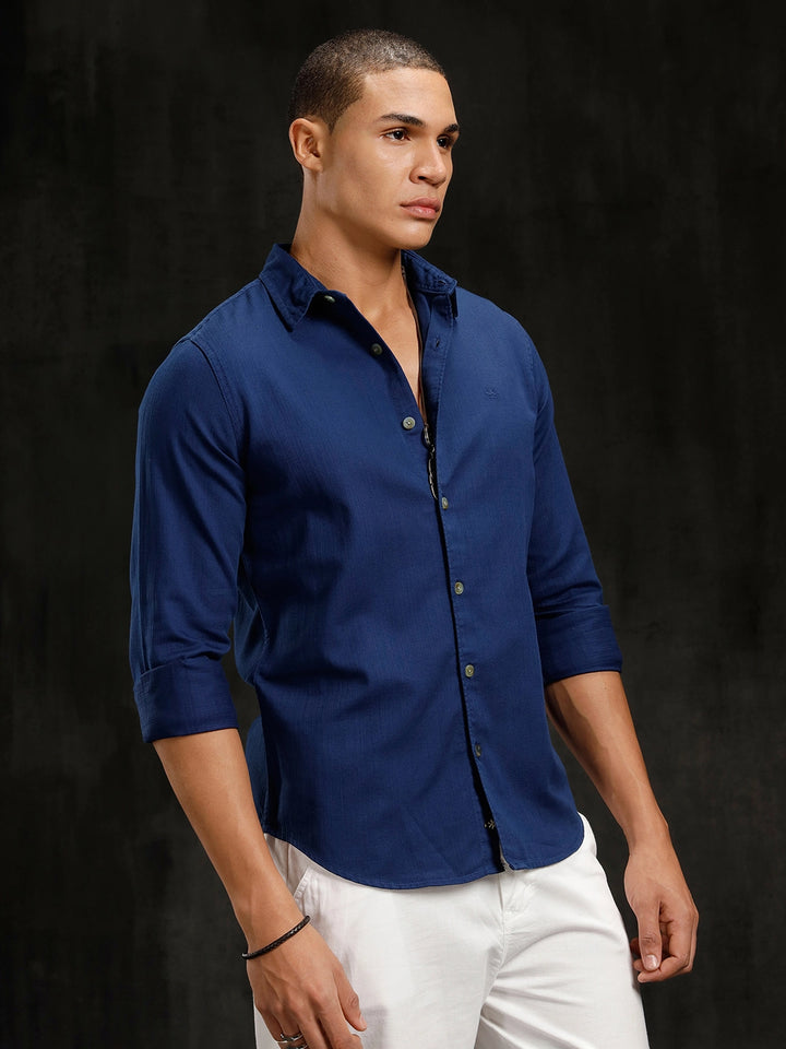 Solid Overdyed Slim Fit Shirt | Dark Blue