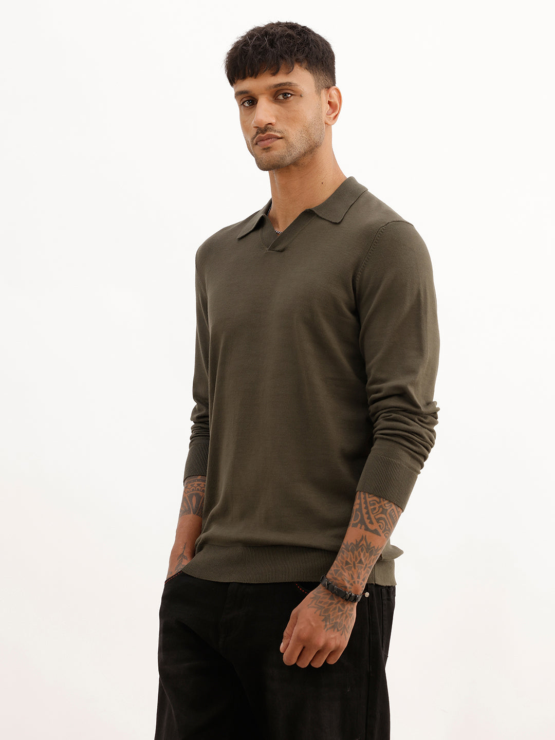 Solid Slim Fit Full Sleeve Polo T-Shirt | Olive | WPT02FSSL1628S