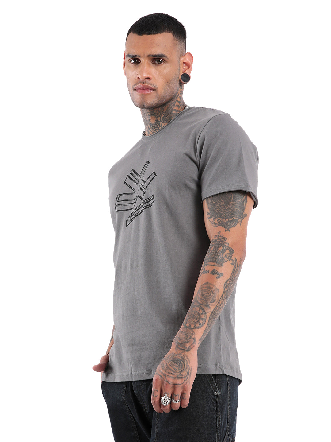 Charcoal Grey Chest Printed T-Shirt