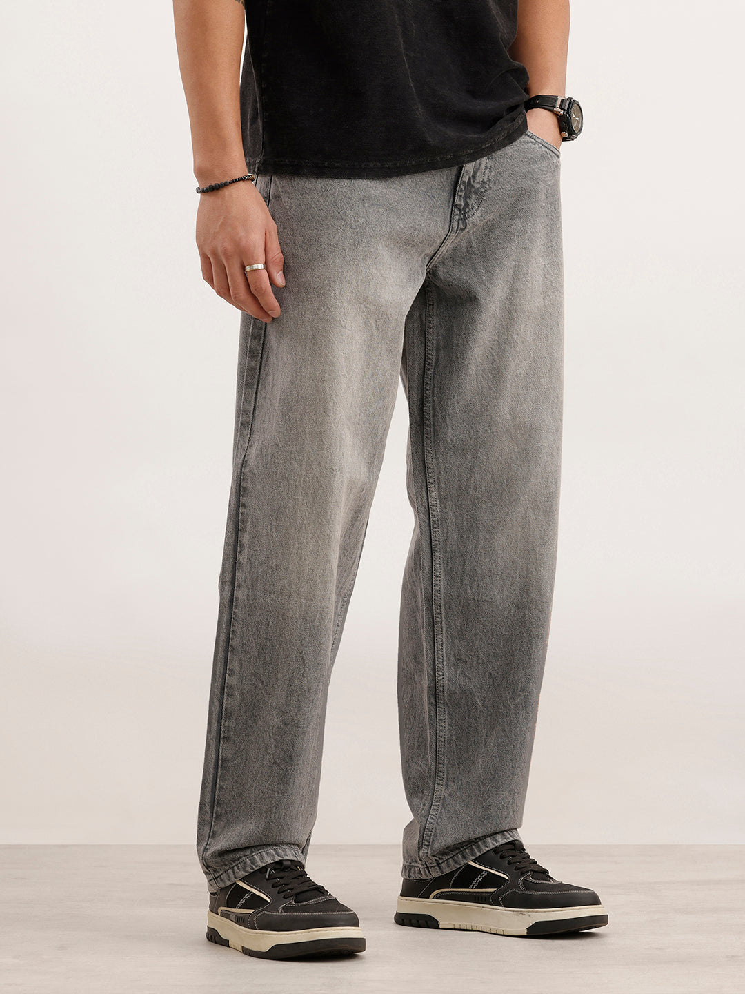 Loose Fit Faded Denim Jeans  | Grey