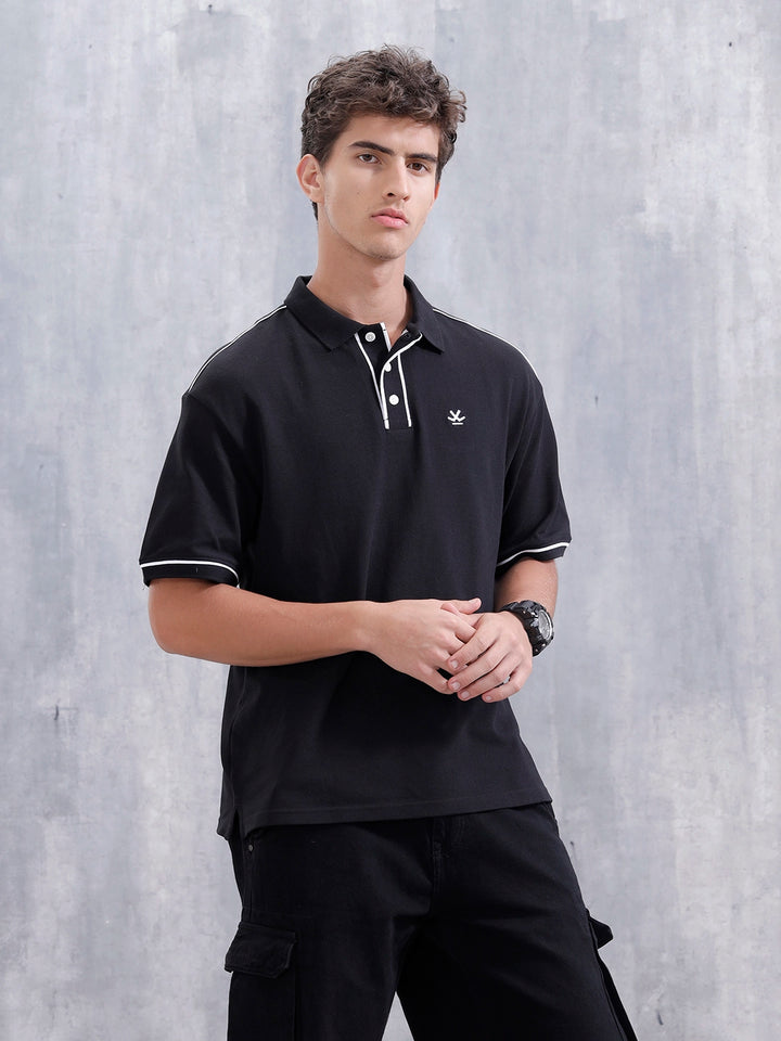 Oversized Polo T-Shirt With Contrast Trim Details | Black