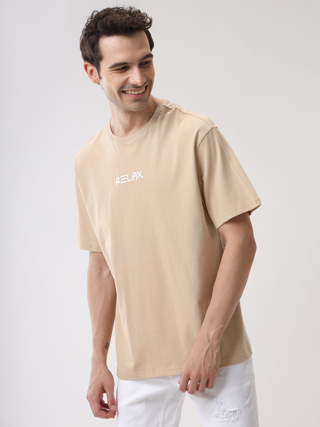 Relax Printed Beige Oversized T-Shirt