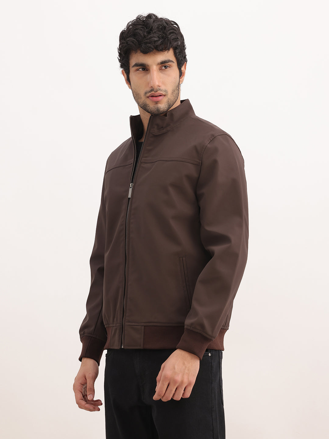 Solid Slim Fit Zipper Jacket | Tan