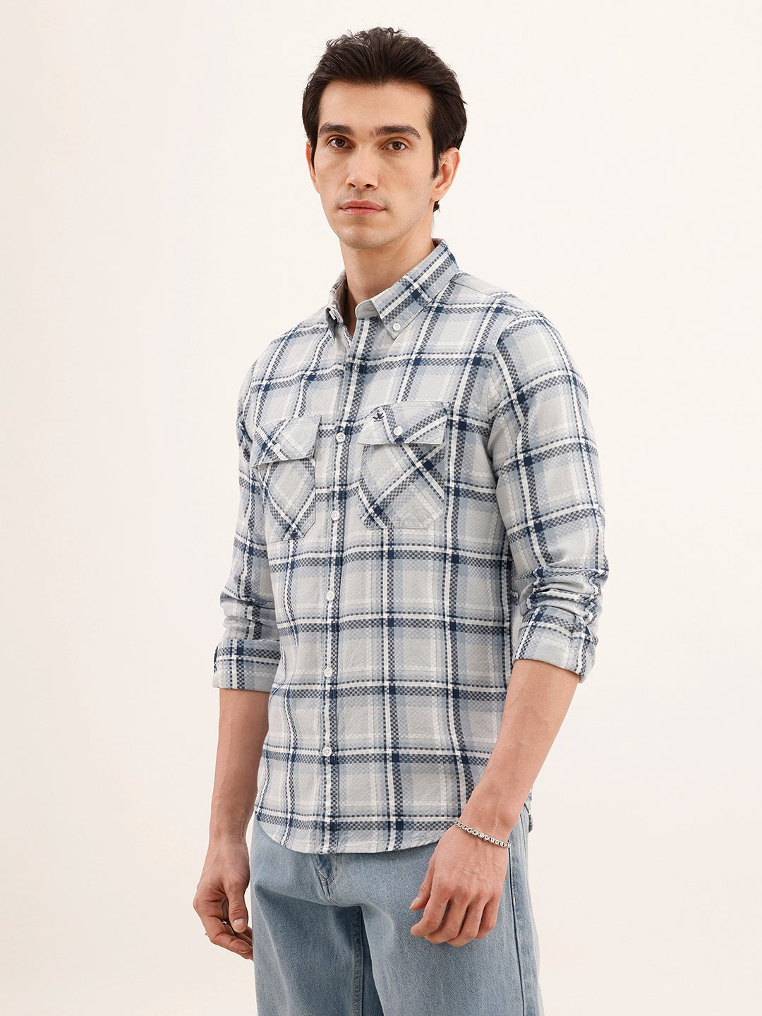 Regular Fit Double Pocket Checkered Shirt | Blue