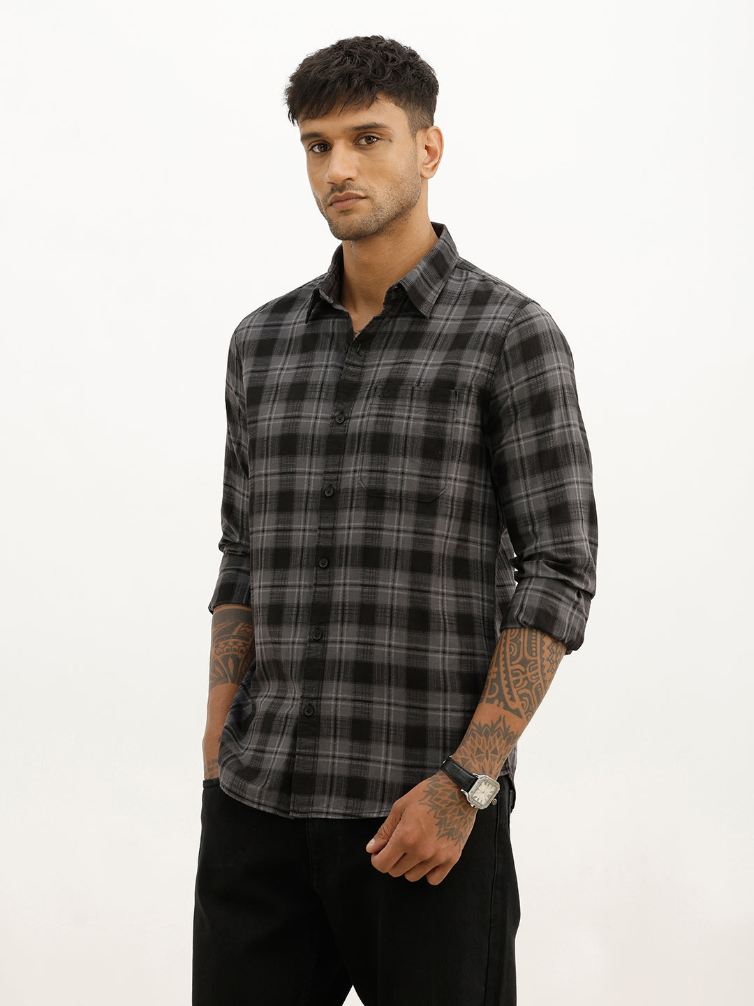 Slim Fit Checkered Full Sleeve Shirt | Dark Grey