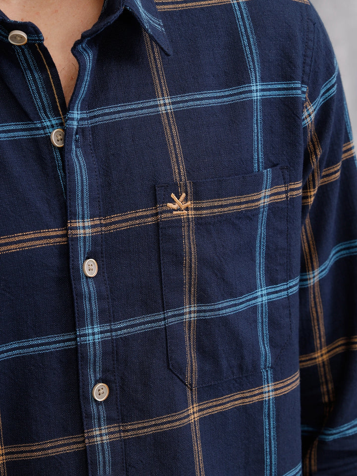 Textured Notebook Check Shirt In Slim Fit  | Navy Blue