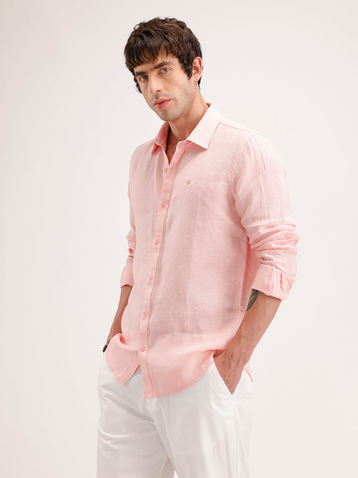 Solid Slim Fit Linen Shirt | Pink