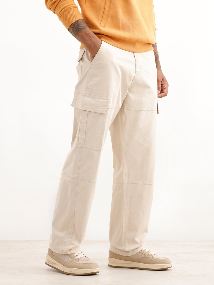 Solid Loose Fit Cargo Trouser | Beige