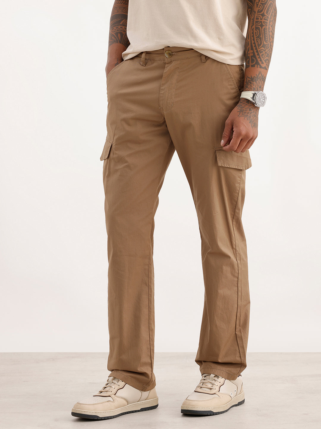 Solid Straight Fit Cargo Trousers | Khaki