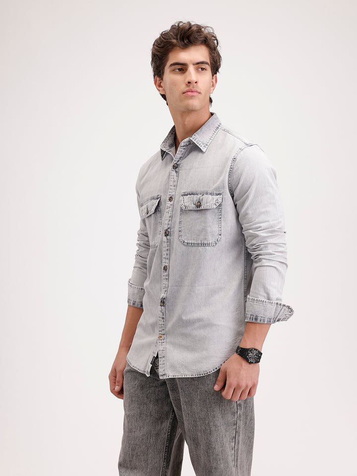 Slim Fit Faded Denim Shirt  | Grey