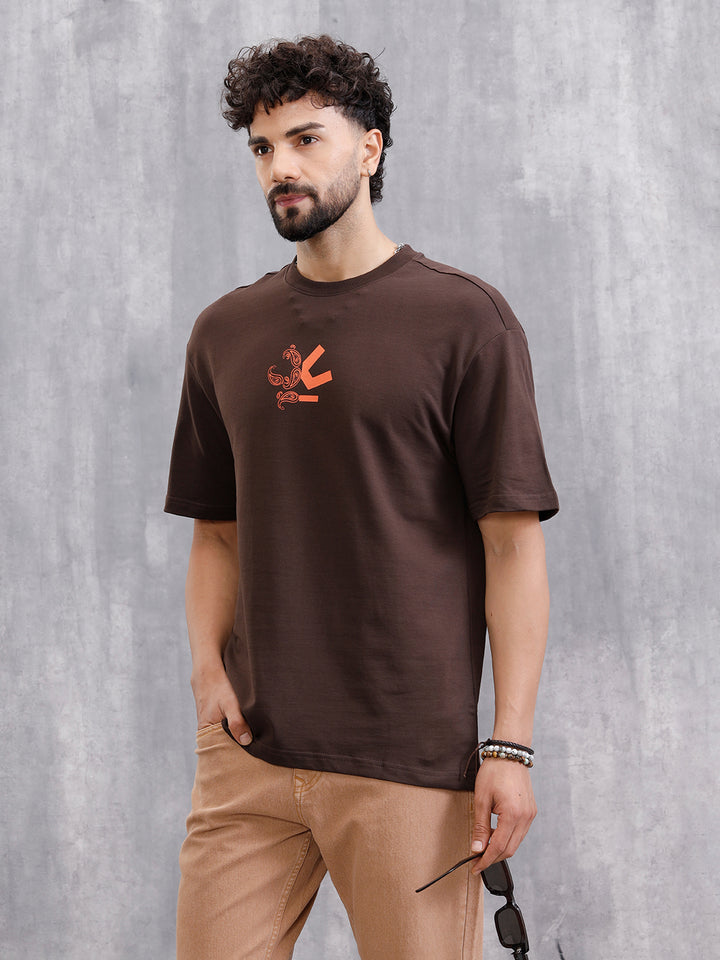 Bandana Inspired Oversized Back Print Crew Neck T-Shirt | Brown