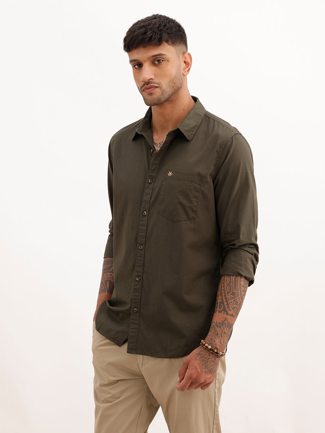 Solid Regular Fit Full Sleeve Shirt | Dark Green