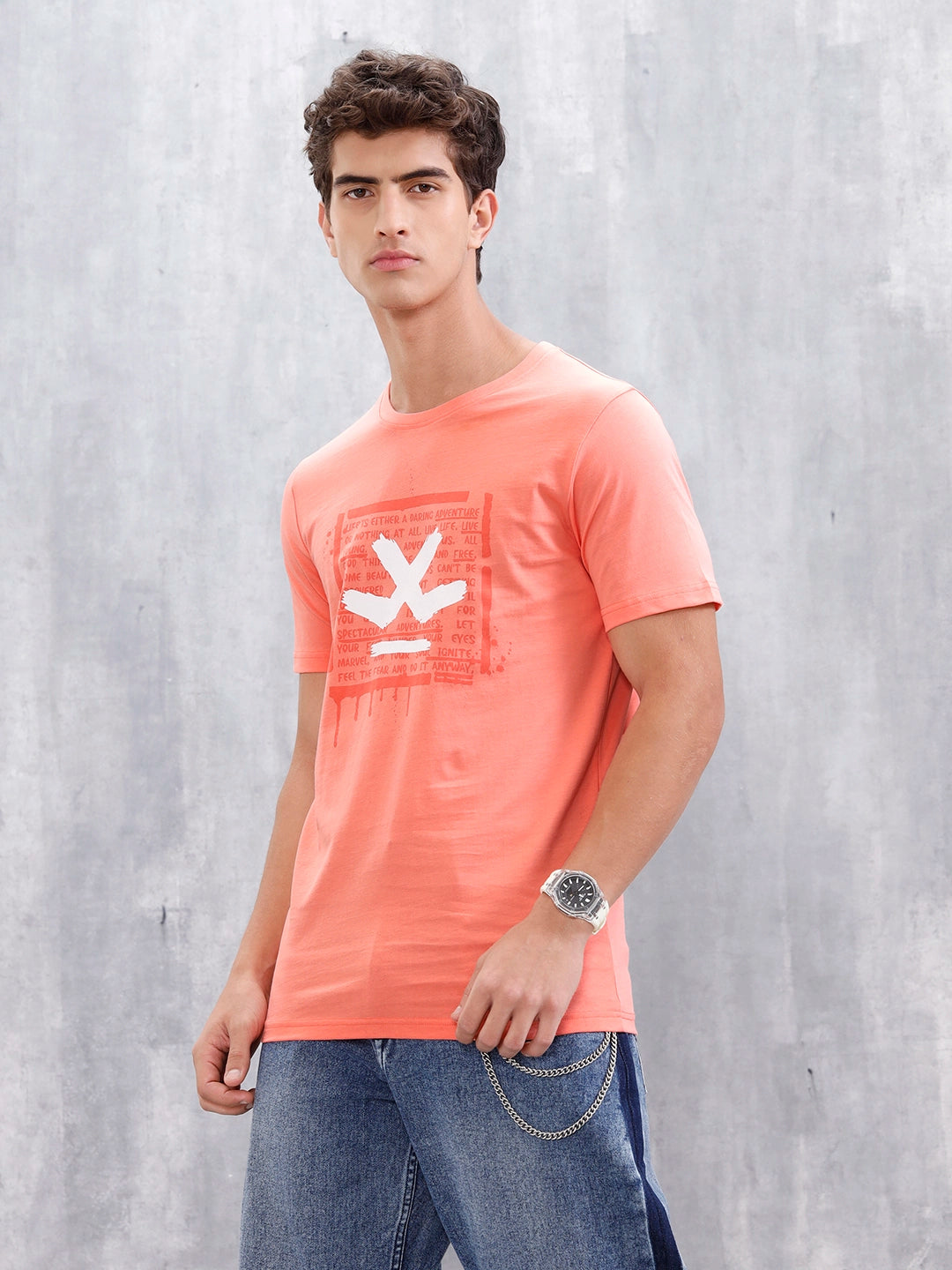 Casual Men Regular Fit Tee With Graphic | Peach