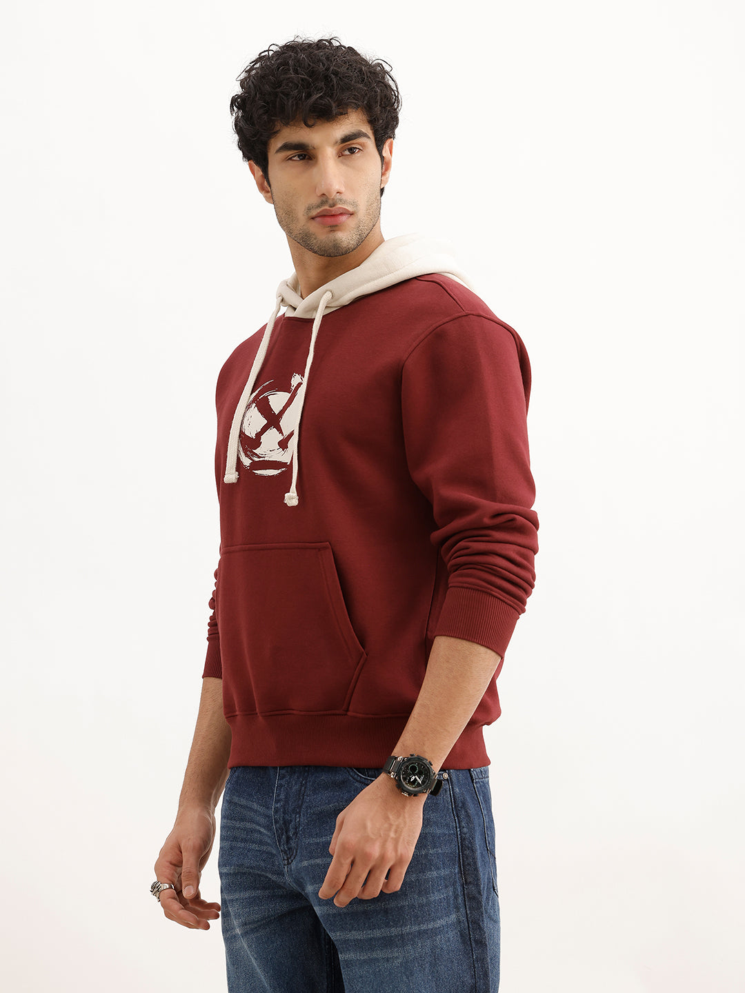 Placement Printed Contrast Hooded Sweatshirt | Maroon
