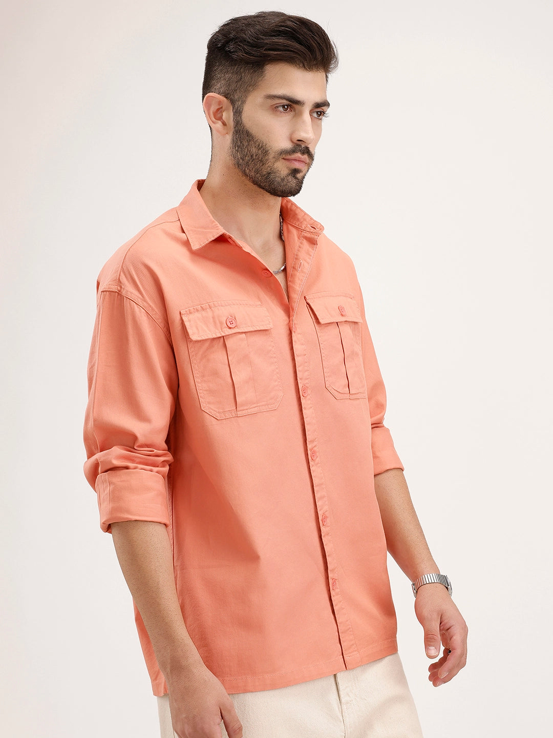 Oversized Solid Double Pocket Shirt | Peach