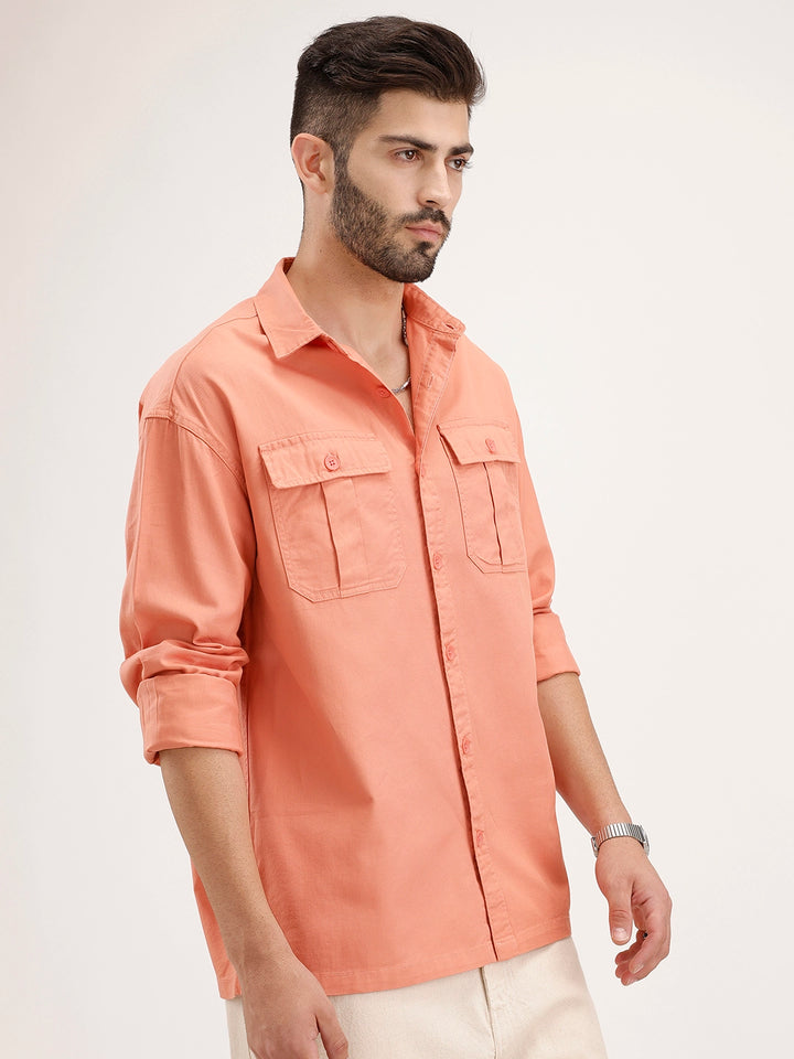 Oversized Solid Double Pocket Shirt | Peach