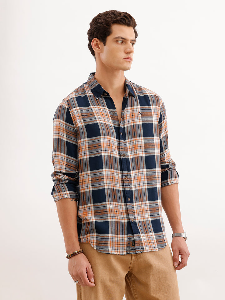 Classic Slim Fit Checkered Shirt  | Navy Blue
