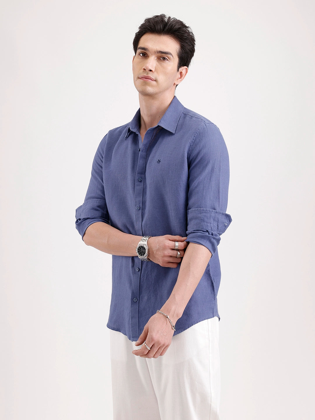 Solid Slim Fit Linen Blend Shirt  | Navy Blue