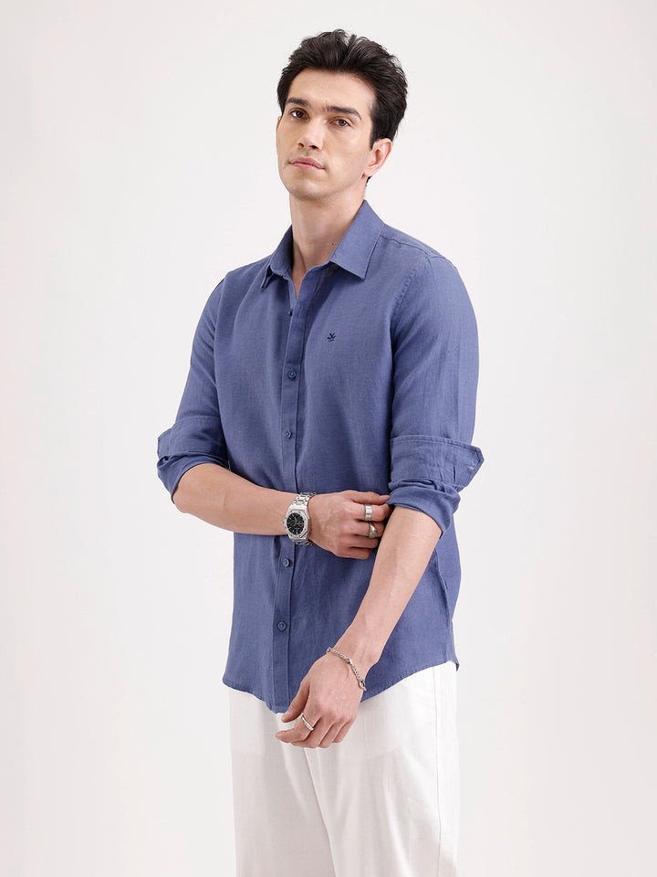 Solid Slim Fit Linen Blend Shirt  | Navy Blue