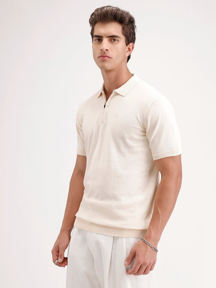 Slim Fit Flat Knit Polo T-Shirt | Beige