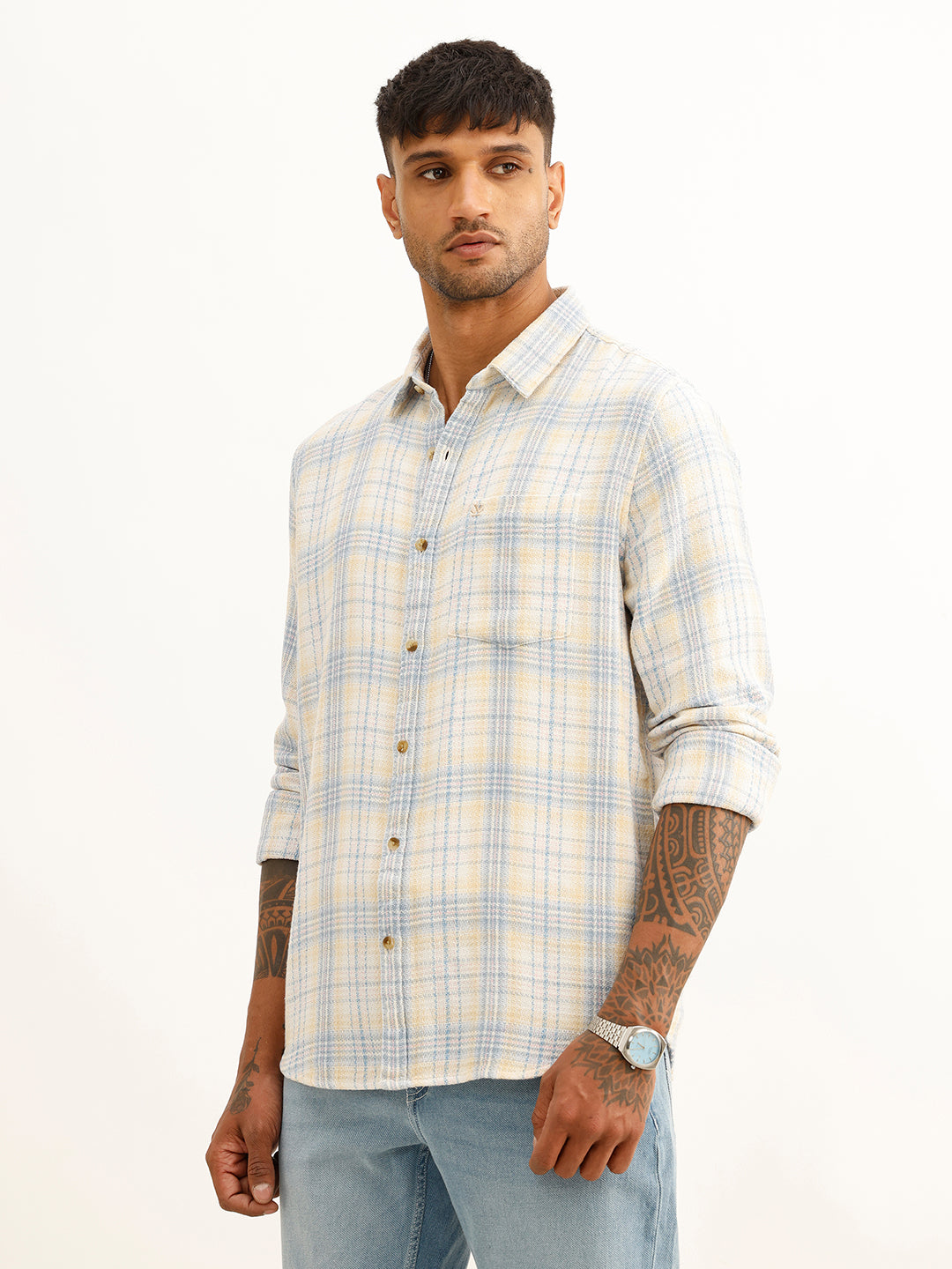 Slim Fit Checkered Full Sleeve Shirt | Beige