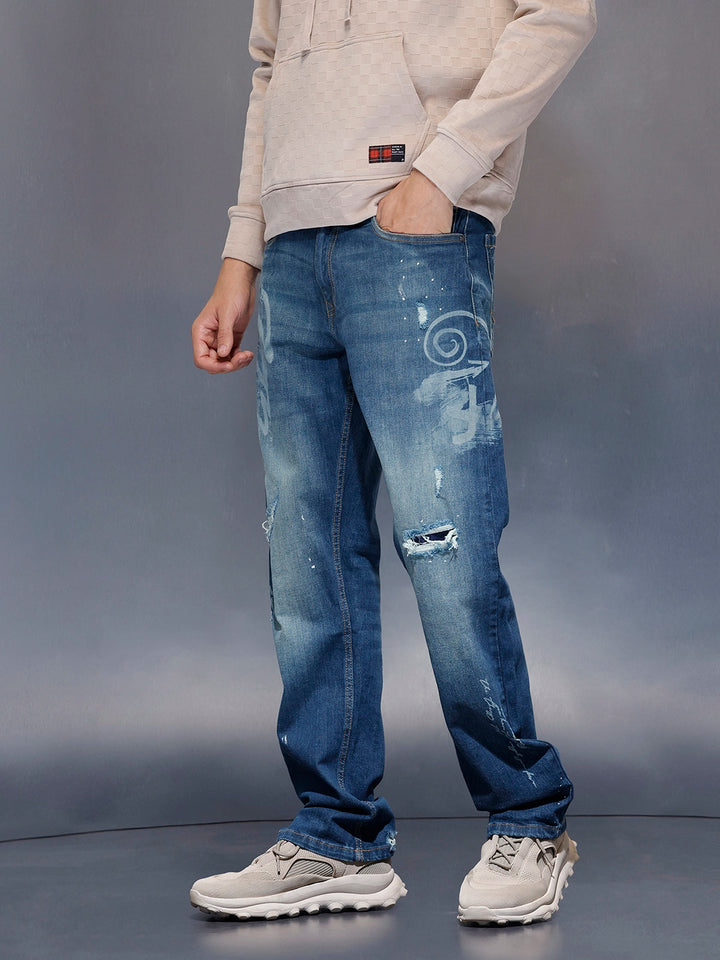 Men’s Rugged Wash Denim with Paint Splatter | Med Stone