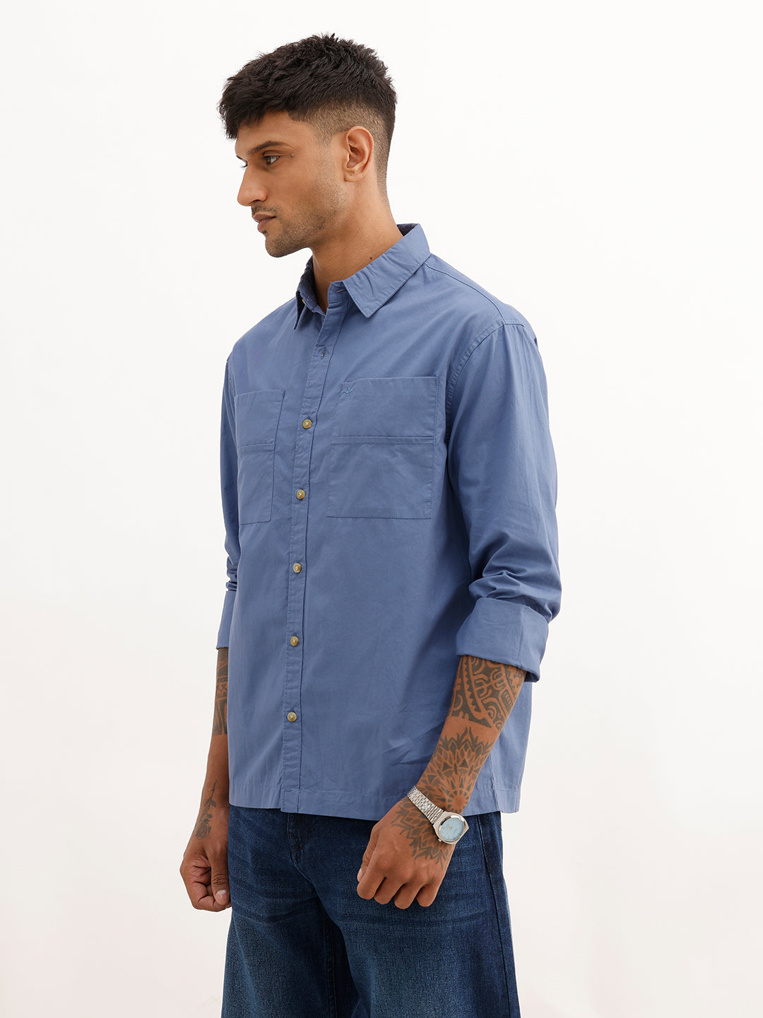 Solid Comfort Fit Double Pocket Shirt | Blue