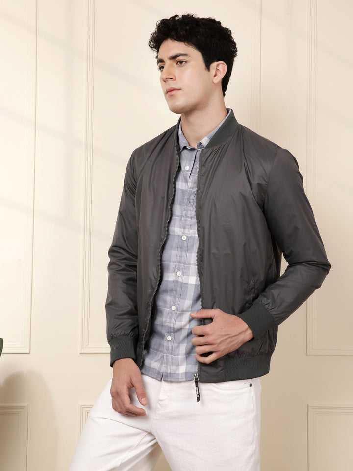 Grey Nylon Bomber Jacket