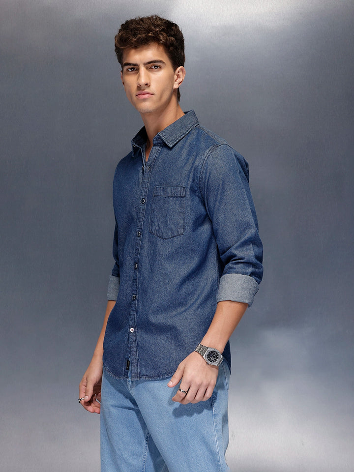 Washed slim fit denim shirt | Blue