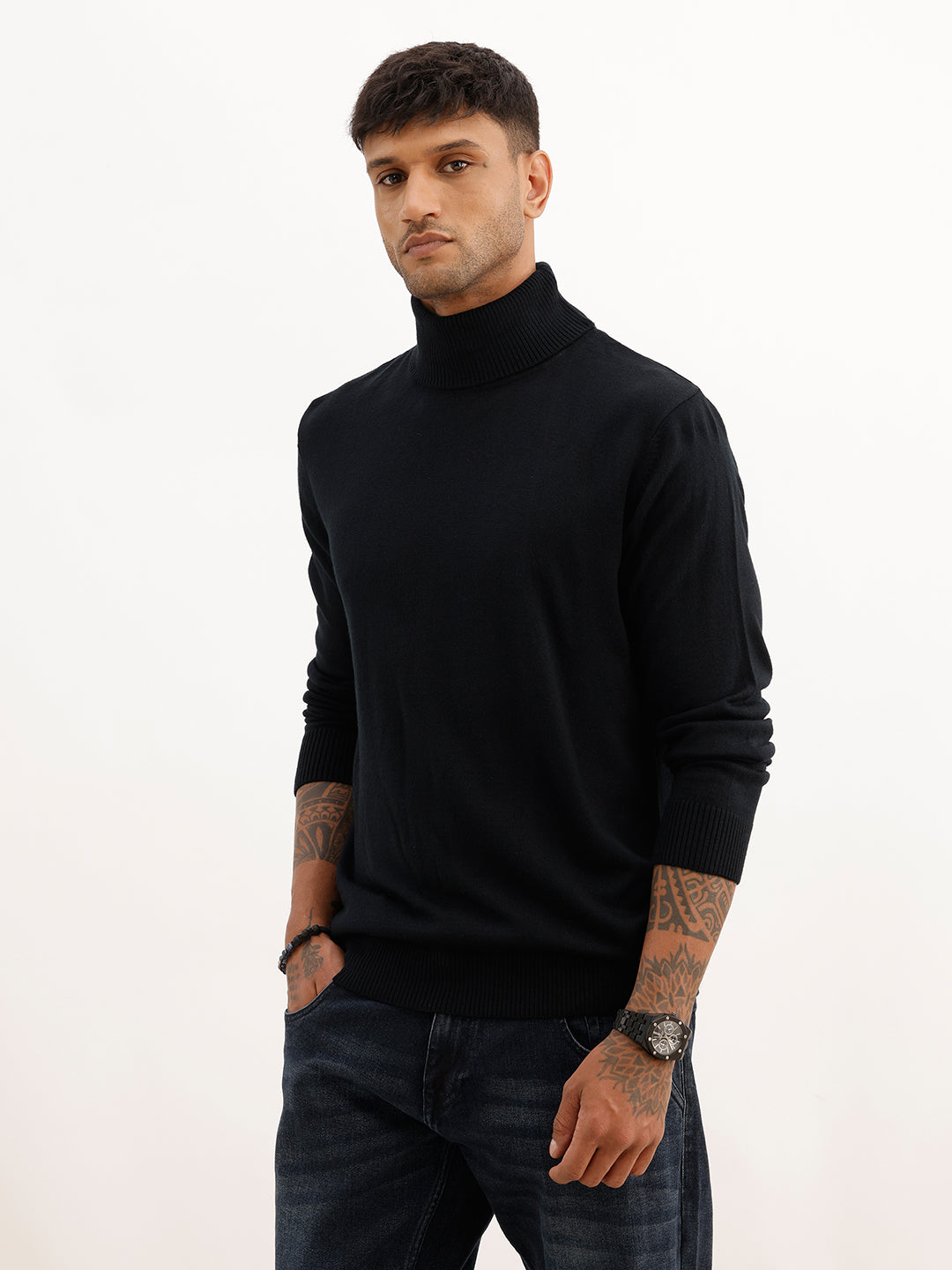 Solid Regular Fit Turtle Neck Sweater | Black