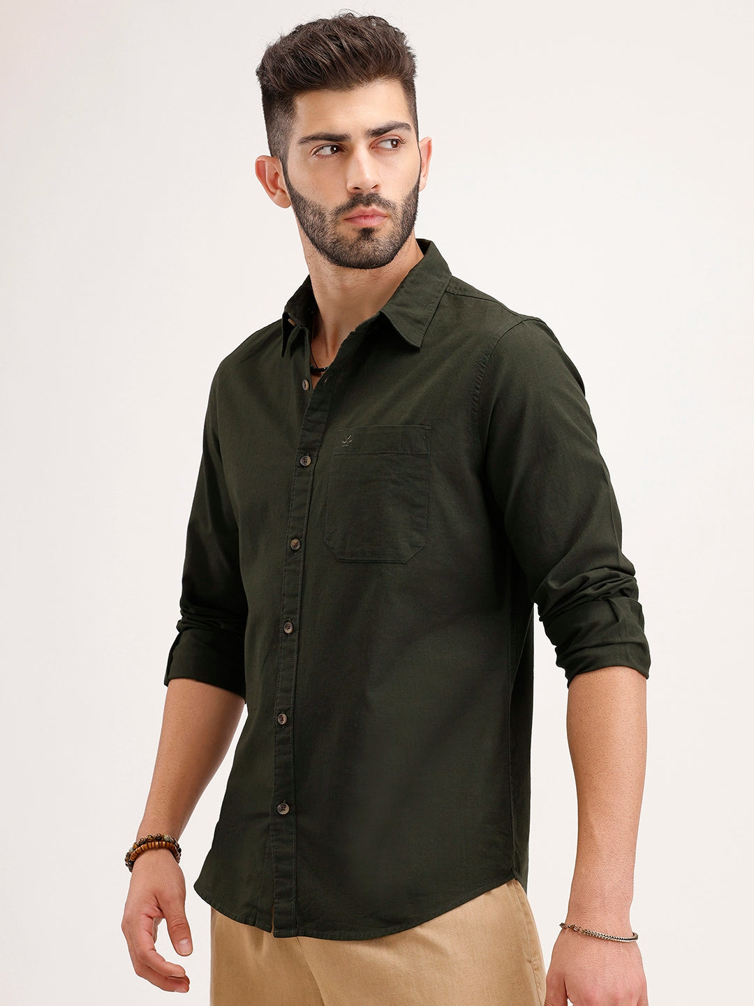 Solid Regular Fit Linen Blend Shirt | Olive