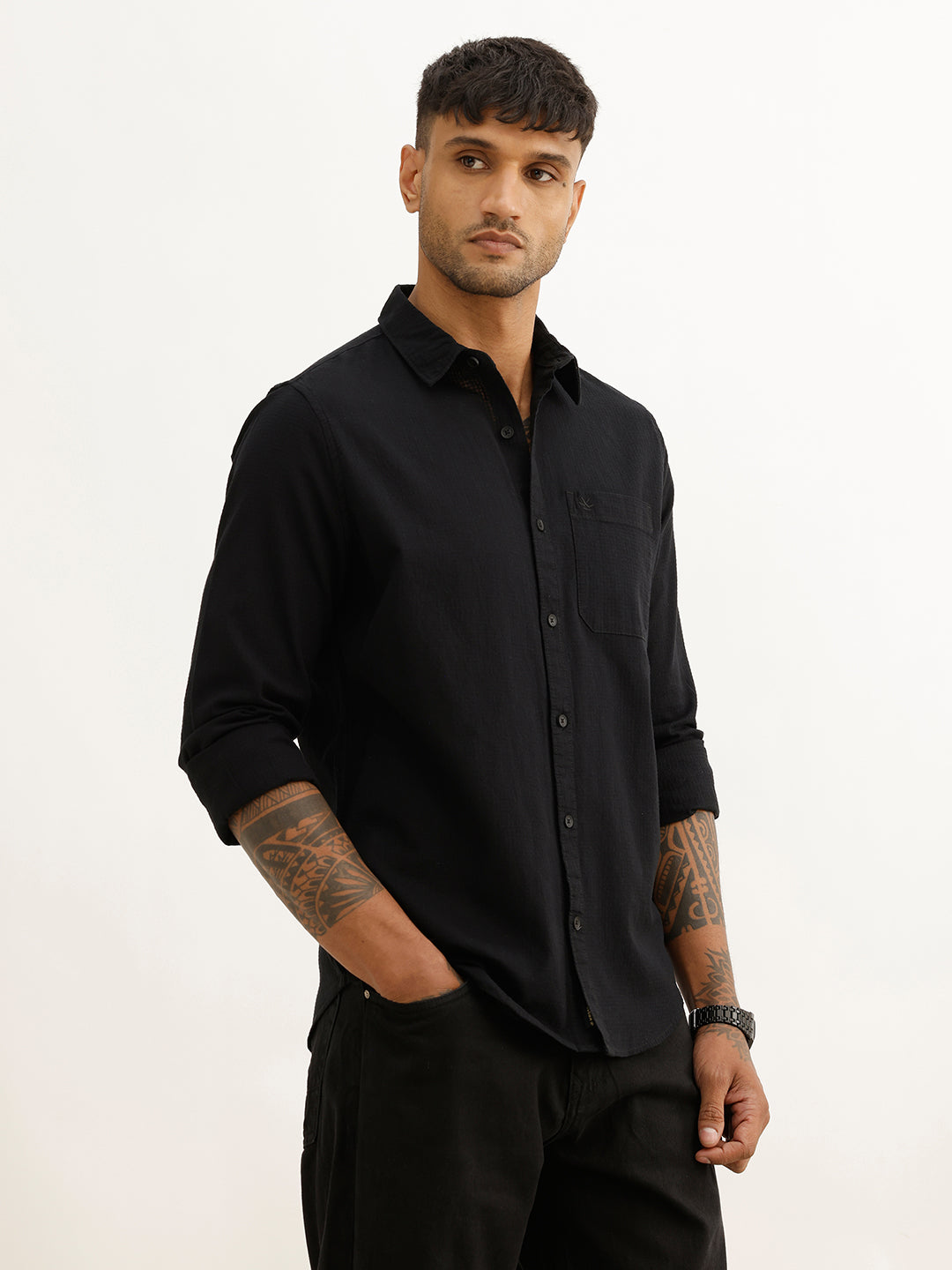 Regular Fit Textured Full Sleeve Shirt | Black