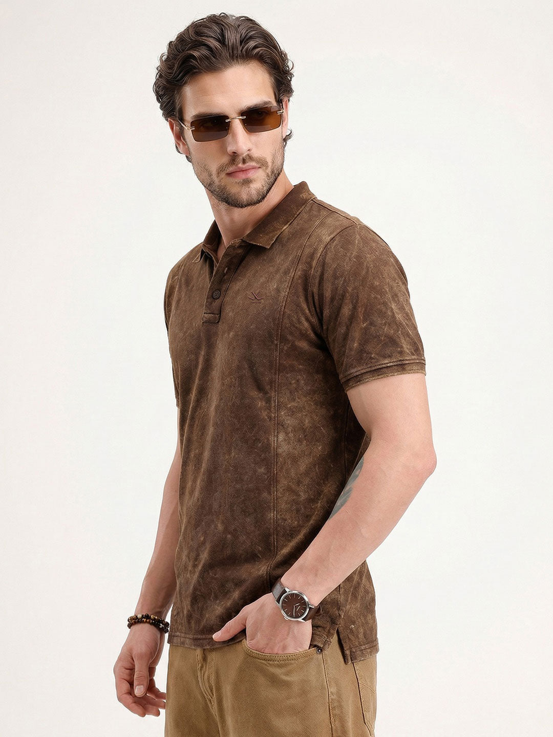 Slim Fit Washed Cut & Sew Polo T-Shirt | Brown