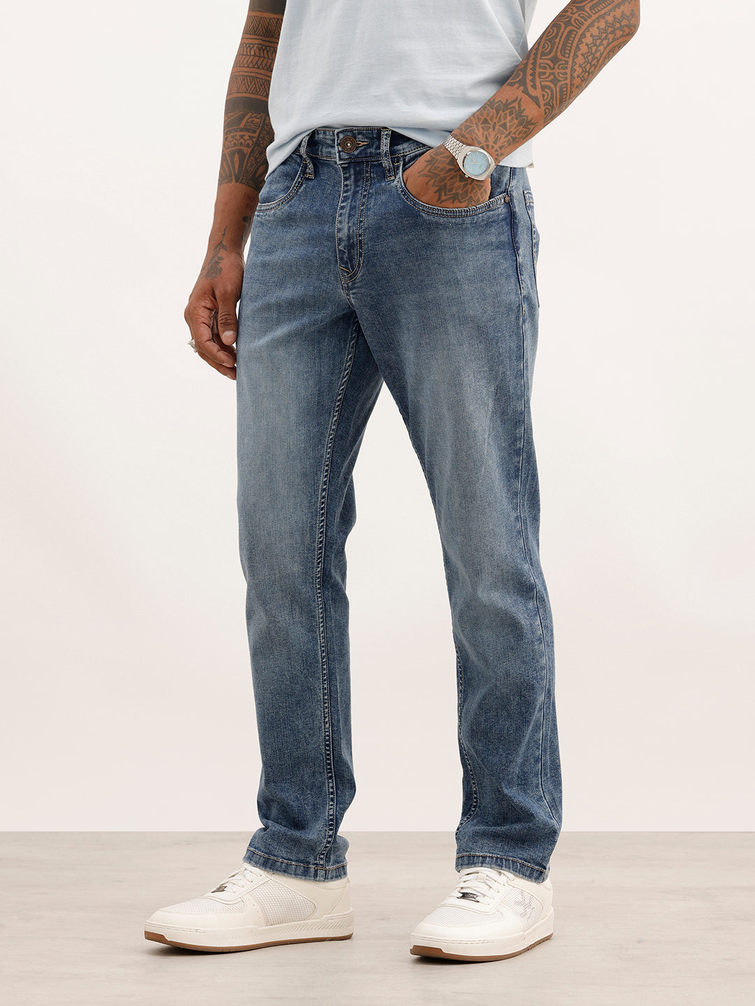Straight Fit Washed Denim Cargo | Light Blue