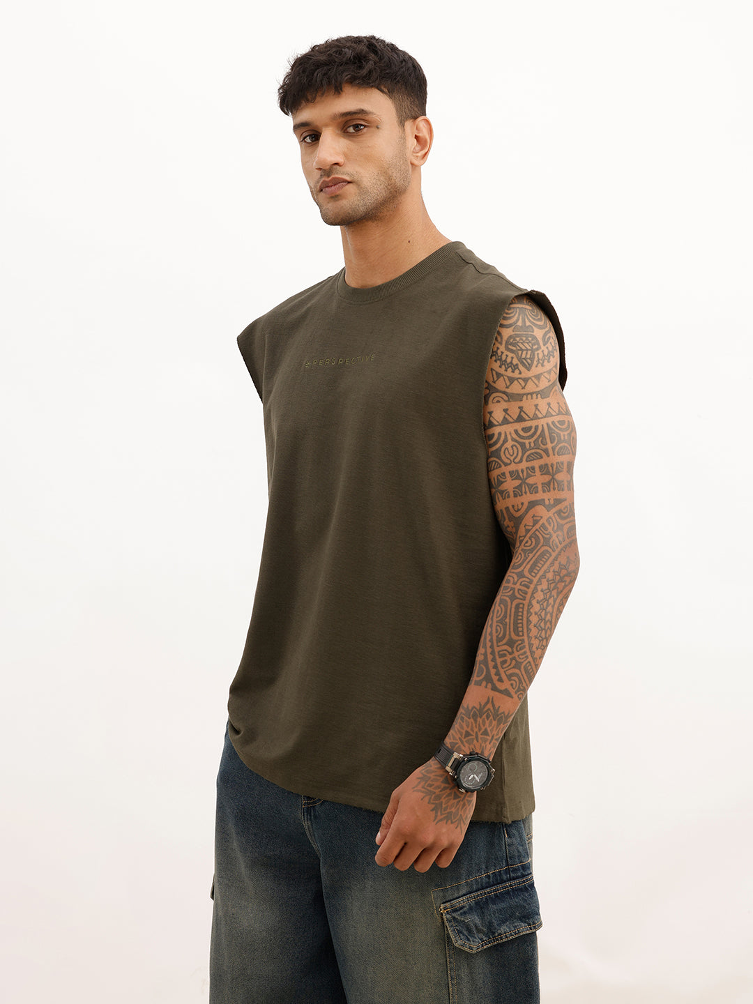 Oversized Cut Off Sleeve T-Shirt | Olive