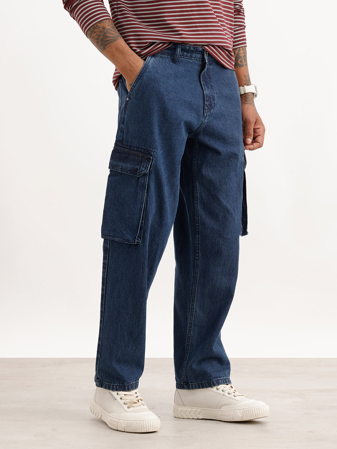 Solid Loose Fit Cargo Denim Jeans | Dark Blue