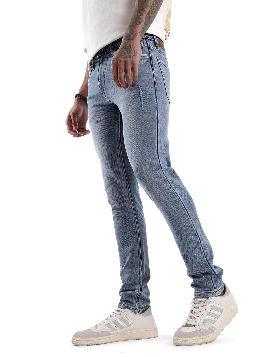 Mild Distressed Blue Tapered Jeans