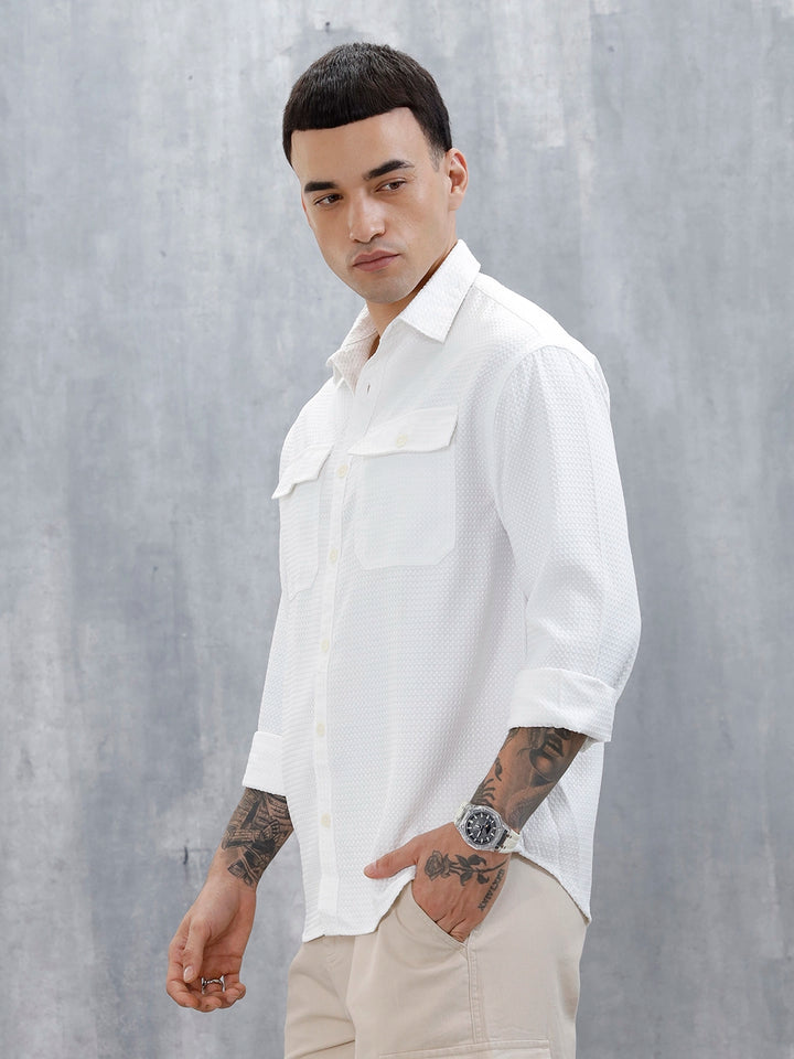 Wrogn Oversized Double Pocket Textured Shirt For Men's | Off White