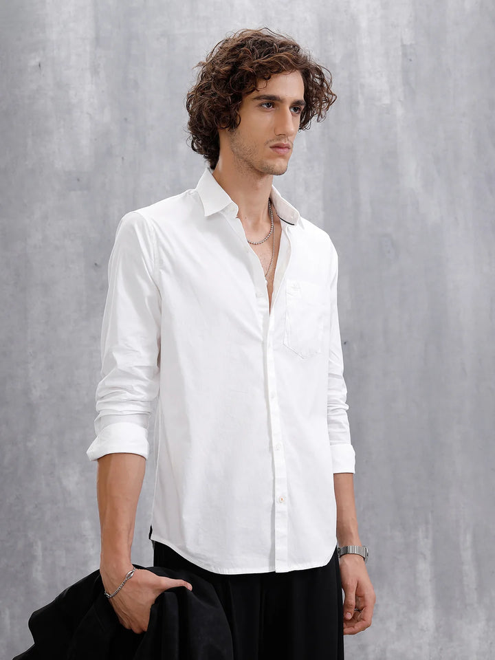 Solid Cotton Blend Slim Fit Shirt | White