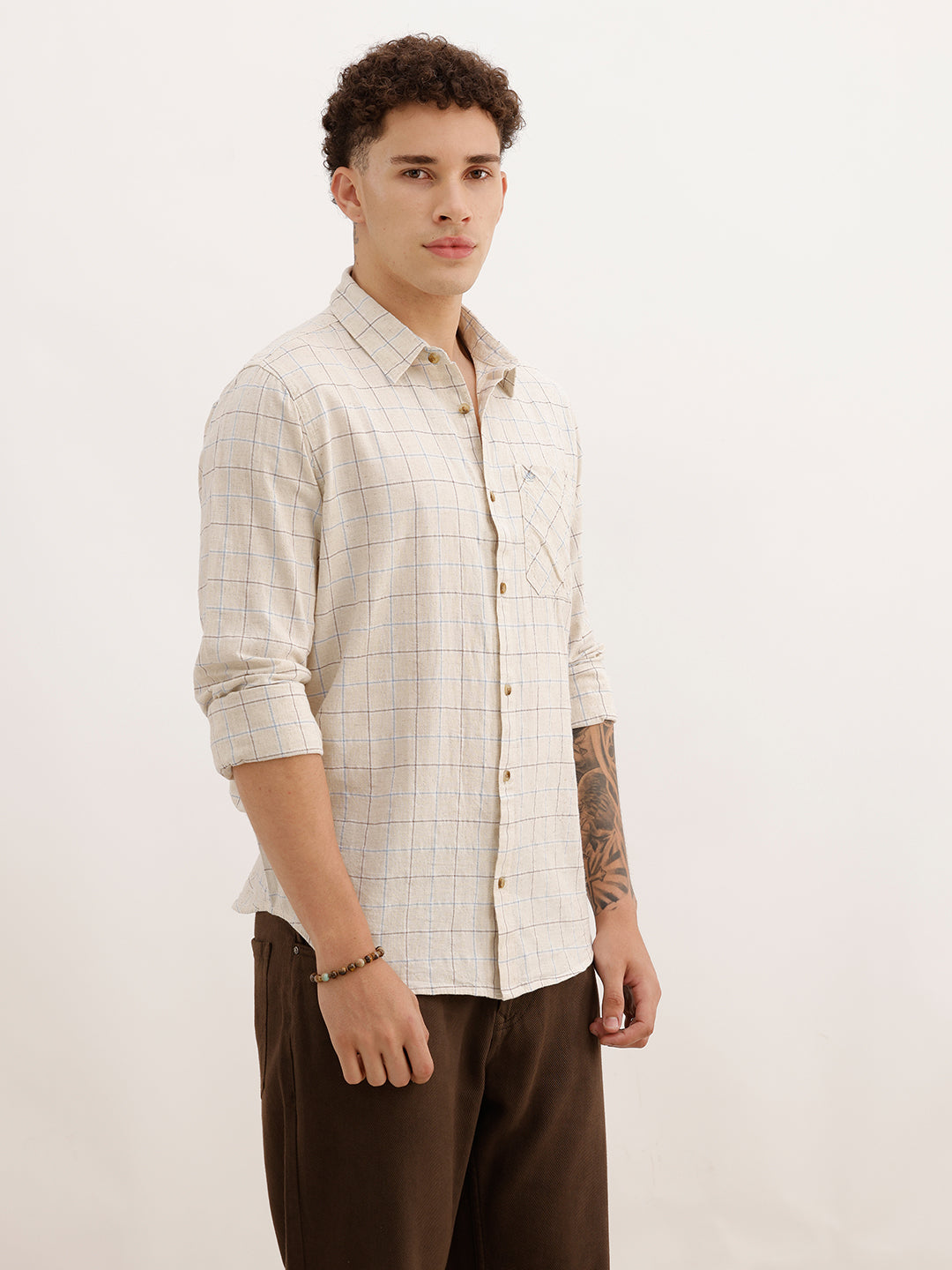 Regular Fit Full Sleeve Checkered Shirt | Beige | WWSH0729MAZ