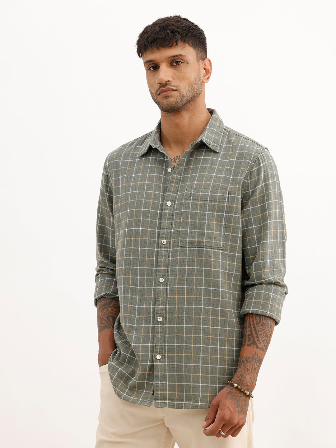 Checkered Slim Fit Full Sleeve Shirt | Olive | WSH02FSSL7018W