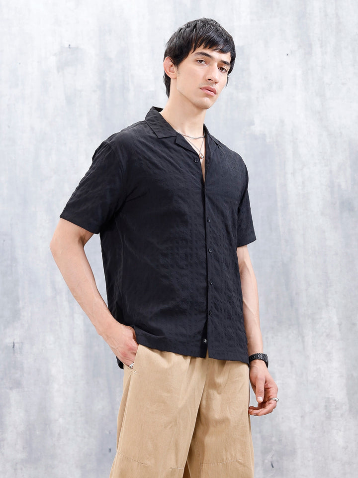 Wrogn Mens Casual Textured Comfort Fit Shirt | Black