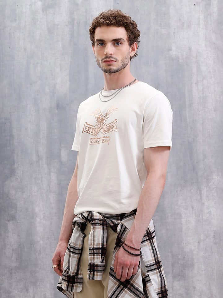 Metallic Foil Printed Slim Fit T-Shirt | White