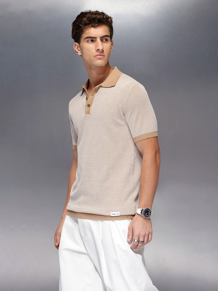 Textured knit polo tshirt with contrast collar | Khaki