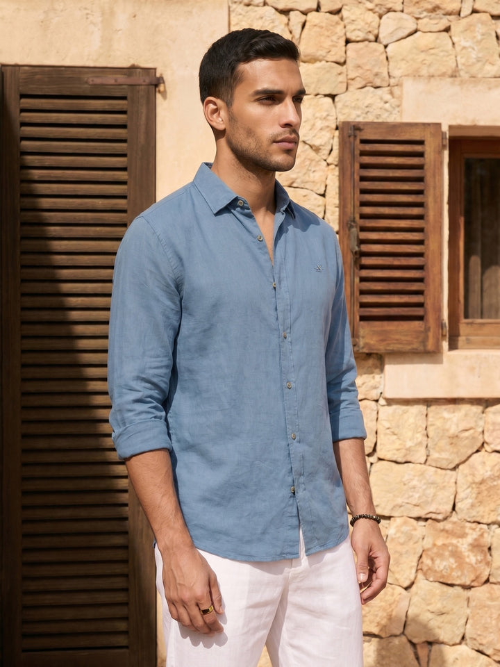 Solid Linen Blend Slim Fit Shirt | Blue