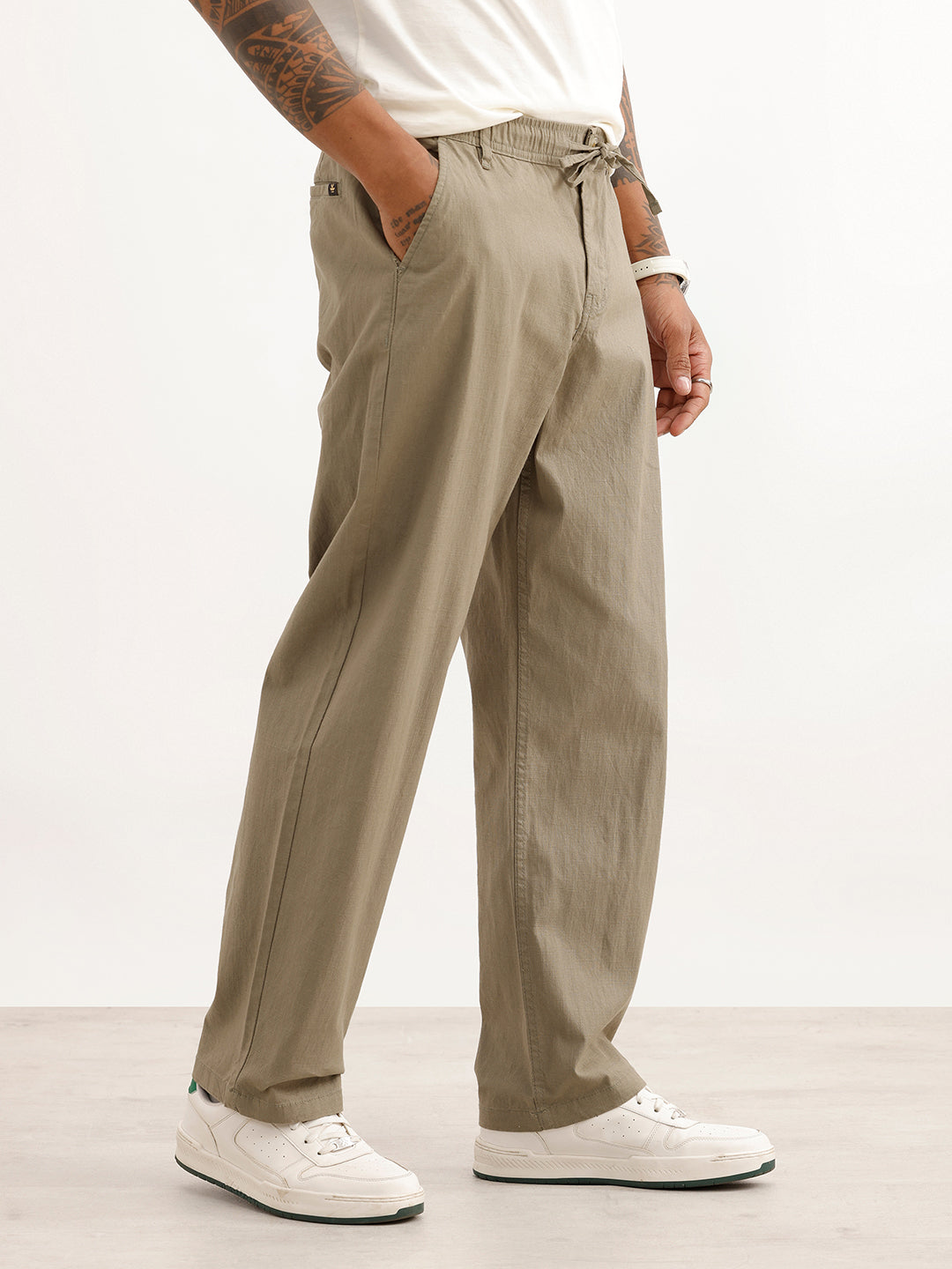 Solid Textured Loose Fit Trouser | Olive