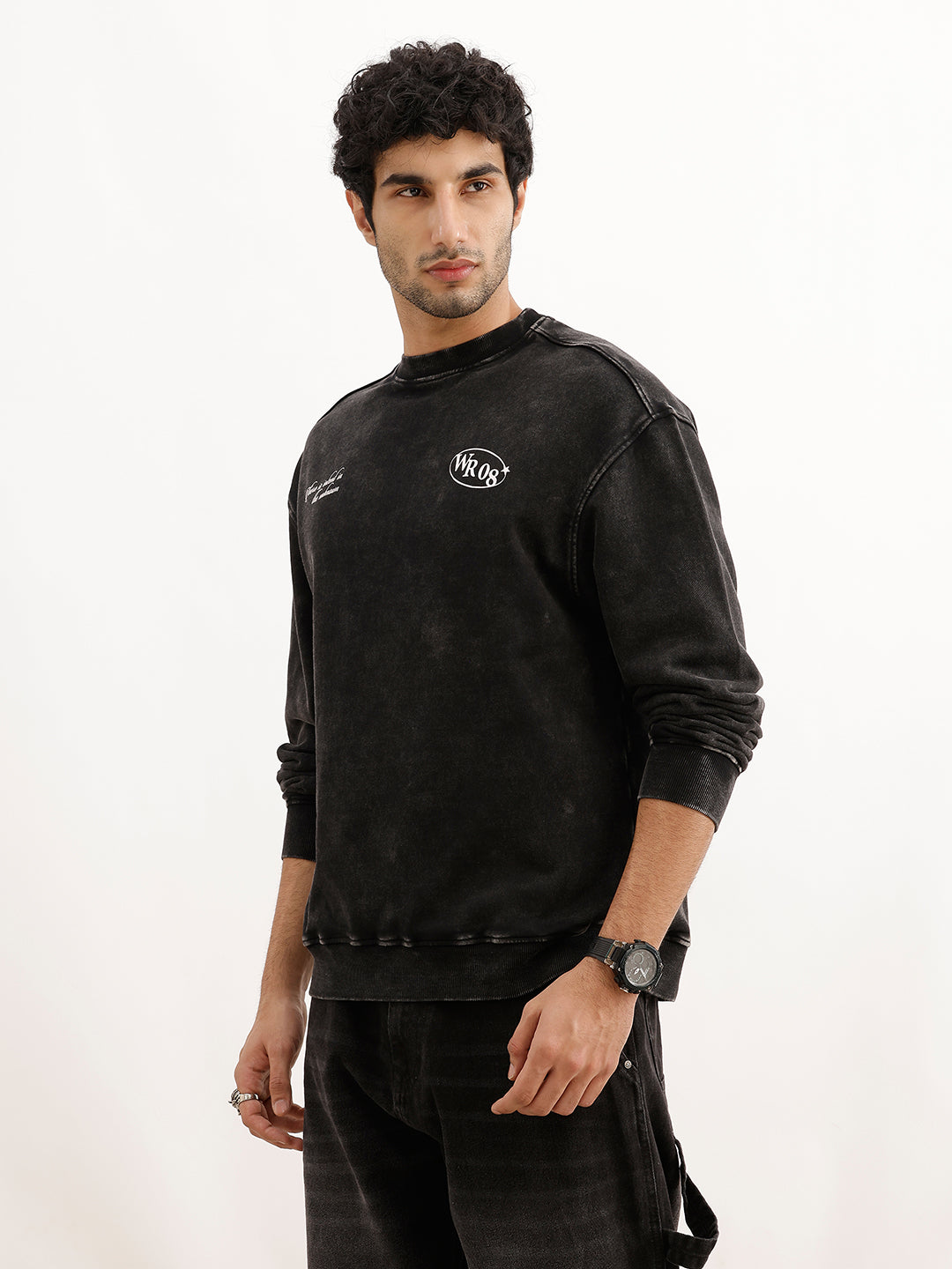Washed Oversized Placement Printed Sweatshirt | Black